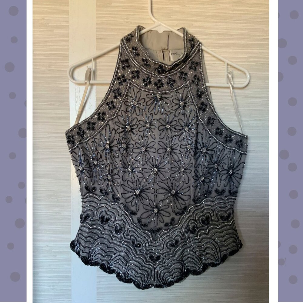 Papell Boutique Evening Halter Beaded Top, Sleeveless Size M